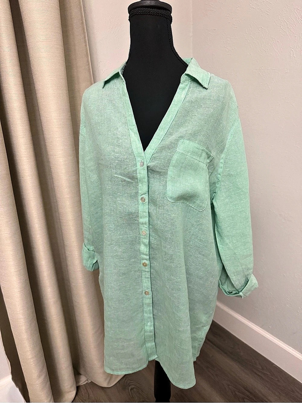 Sigrid Olsen Linen Button Down Shirt Green Medium